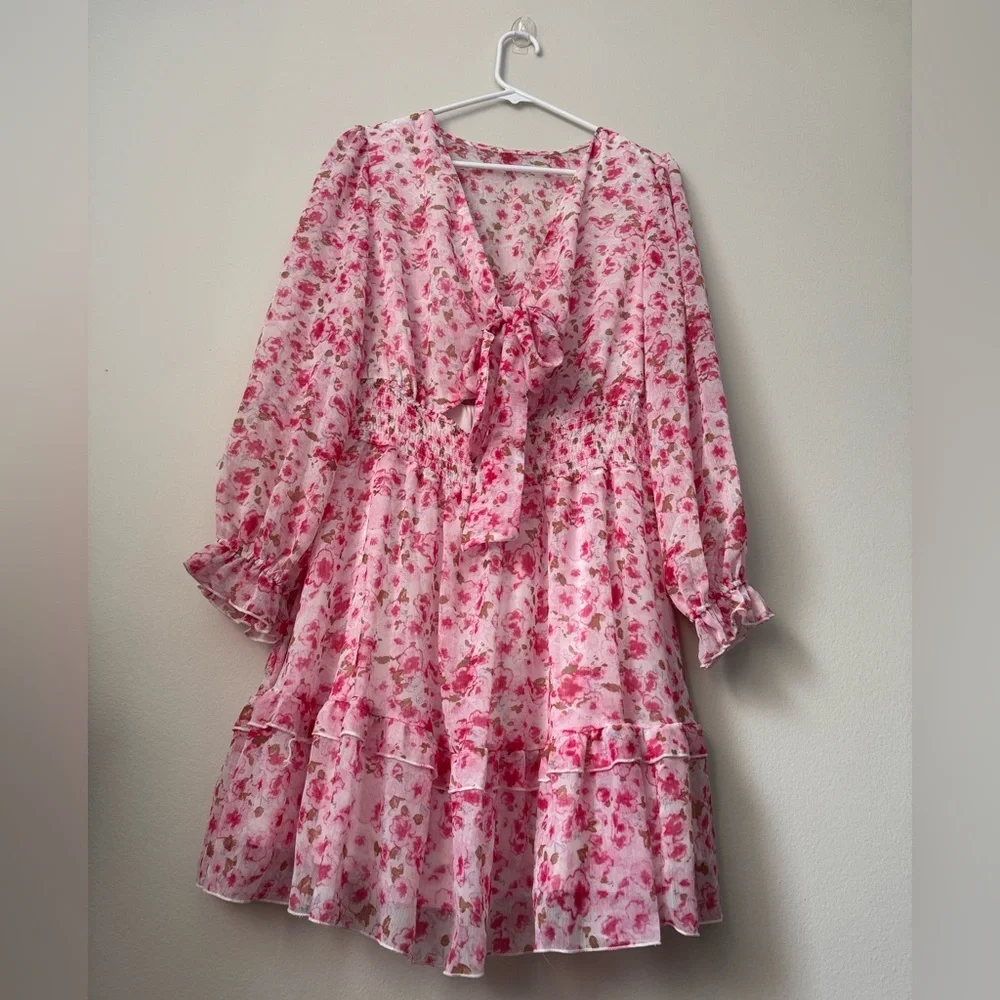 Pink Deep V-Neck Lantern Sleeve Knotted Tired Mini Dress Pink Size L - Picture 2 of 9